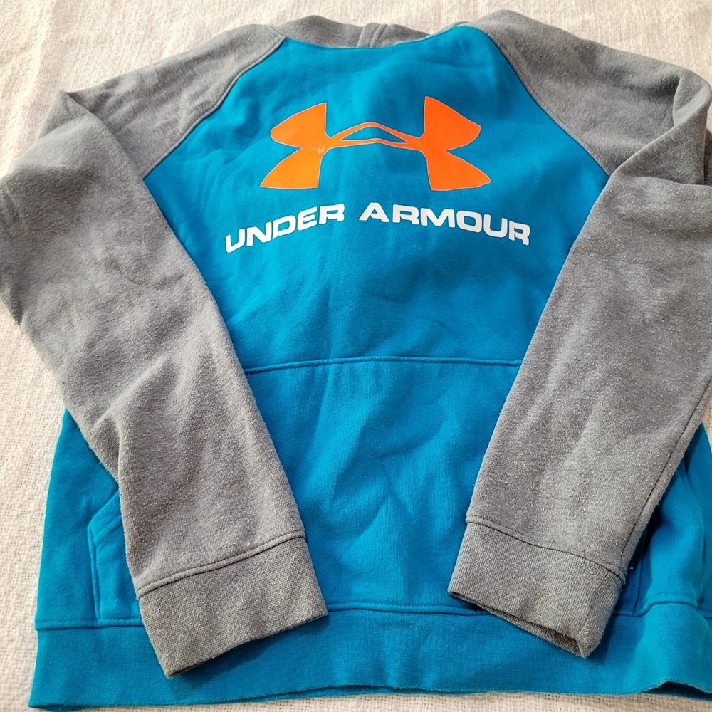 Under Armour Kids ColdGear Hoodie Blue Grey Orange Logo Pullover Size Large